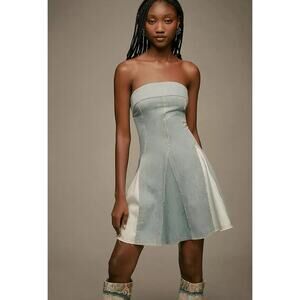 Pilcro Strapless Raw Seams Patchwork Denim Smocked Fit & Flare‎ Mini Dress Small
